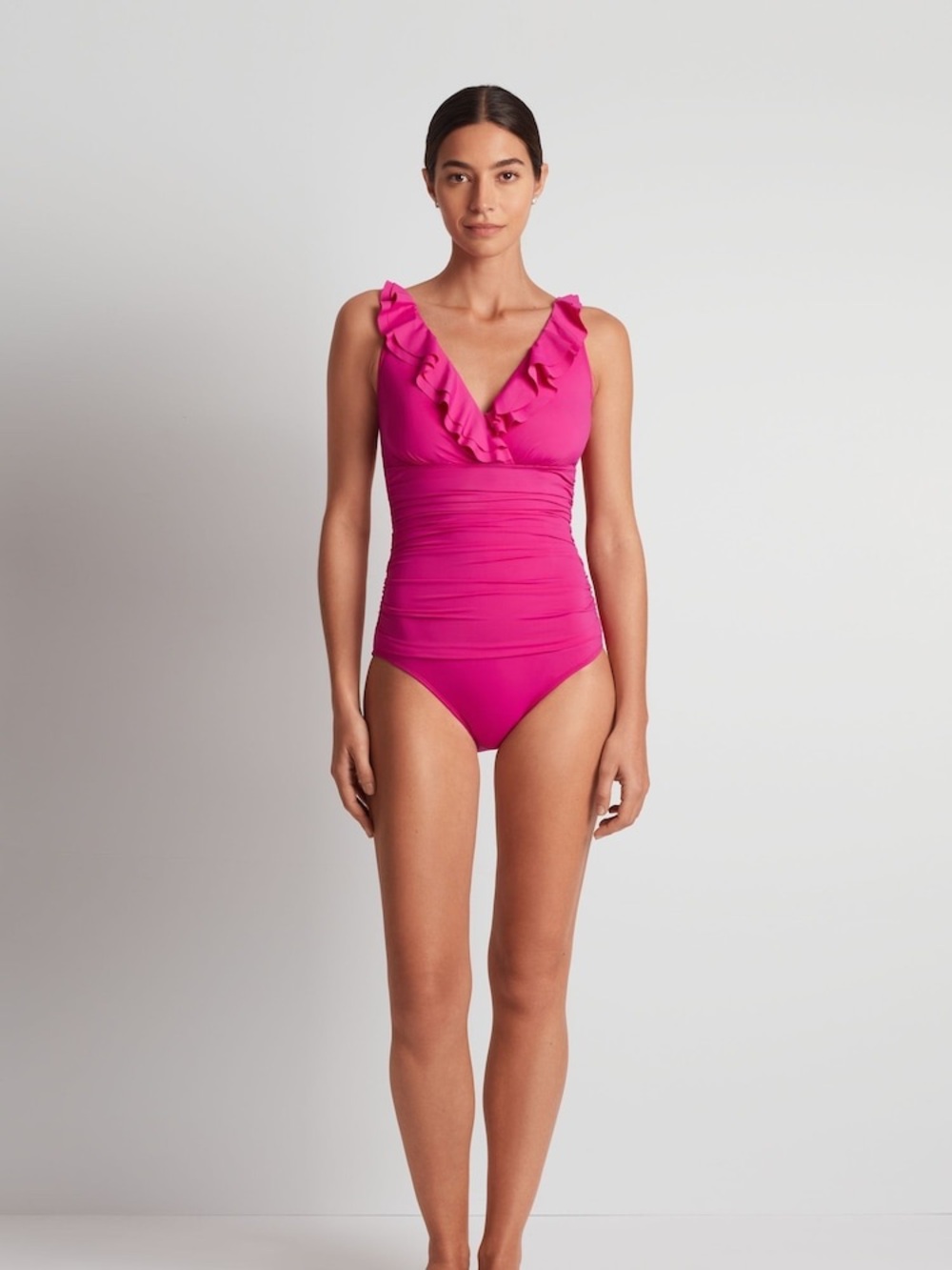 Lauren Ralph Lauren Fuchsia Ruffle V-Neck One-Piece Swimsuit Sz 12 - Picture 4 of 6